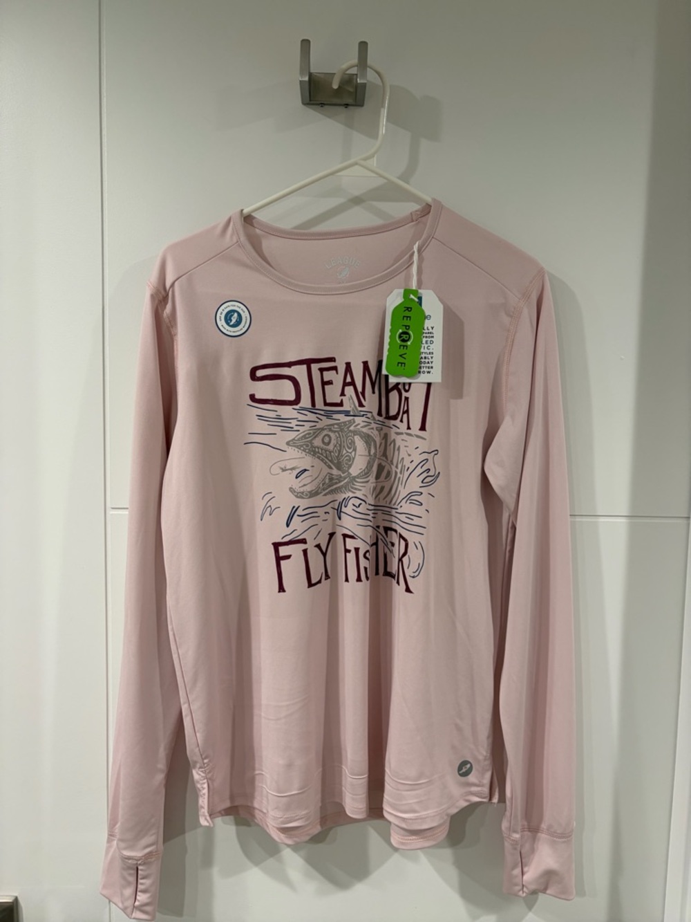 League Steamboat Fly Fisher Pink Graphic Long Sleeve Shirt, medium, NWT